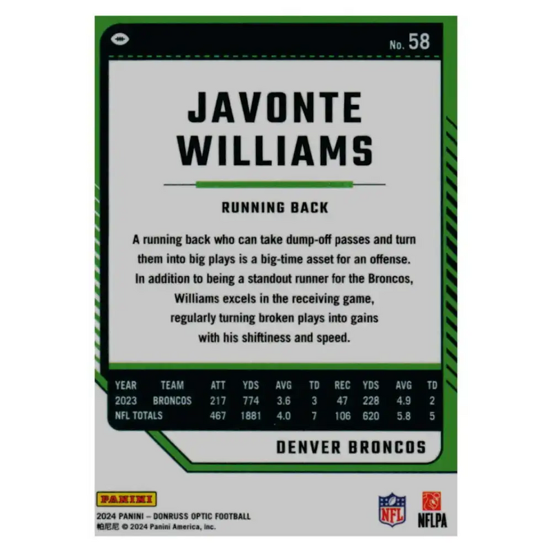 2024 Donruss Optic #58 Javonte Williams NM-MT Denver Broncos Football Card - Football Card Single