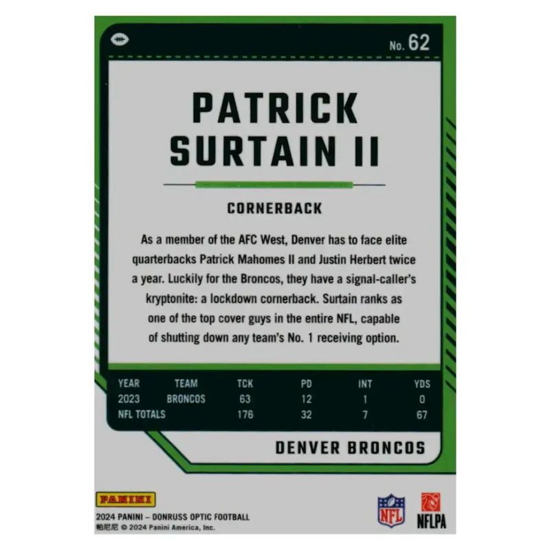 2024 Donruss Optic #62 Patrick Surtain II NM-MT Denver Broncos Football Card - Football Card Single