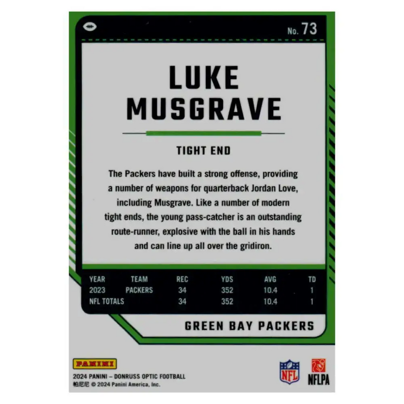 2024 Donruss Optic #73 Luke Musgrave NM-MT Green Bay Packers Football Card - Football Card Single