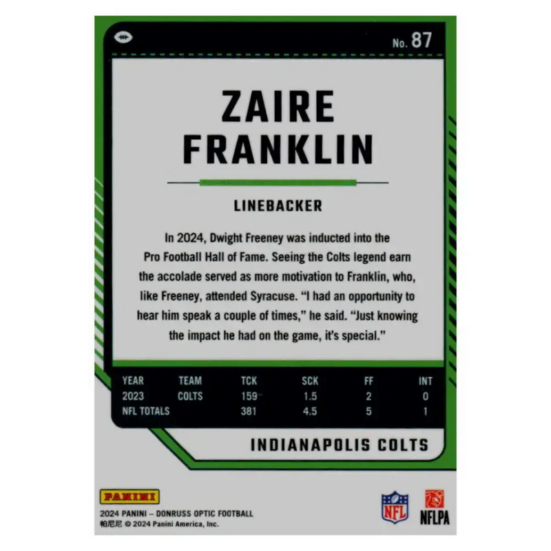 2024 Donruss Optic #87 Zaire Franklin NM-MT Indianapolis Colts Football Card - Football Card Single