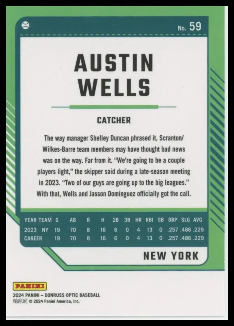 2024 Donruss - Optic Austin Wells 59 New York Yankees Baseball NM - Baseball Card Single