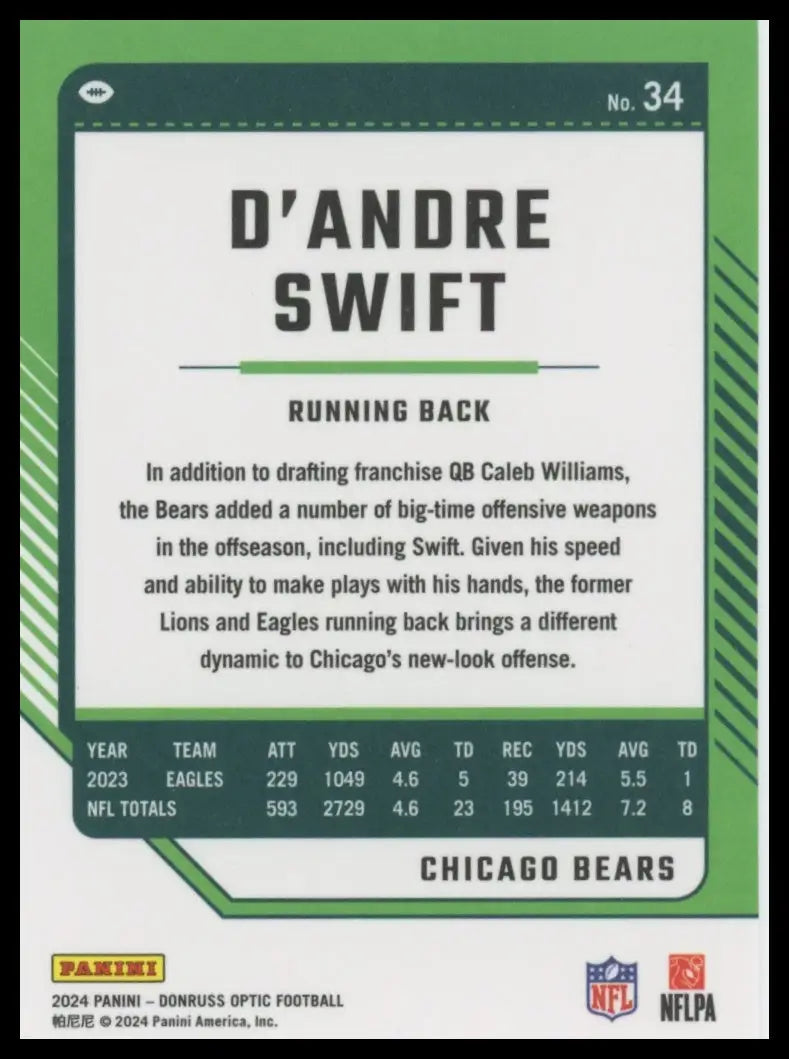 2024 Donruss Optic D’Andre Swift 34 Chicago Bears - Football Card Single