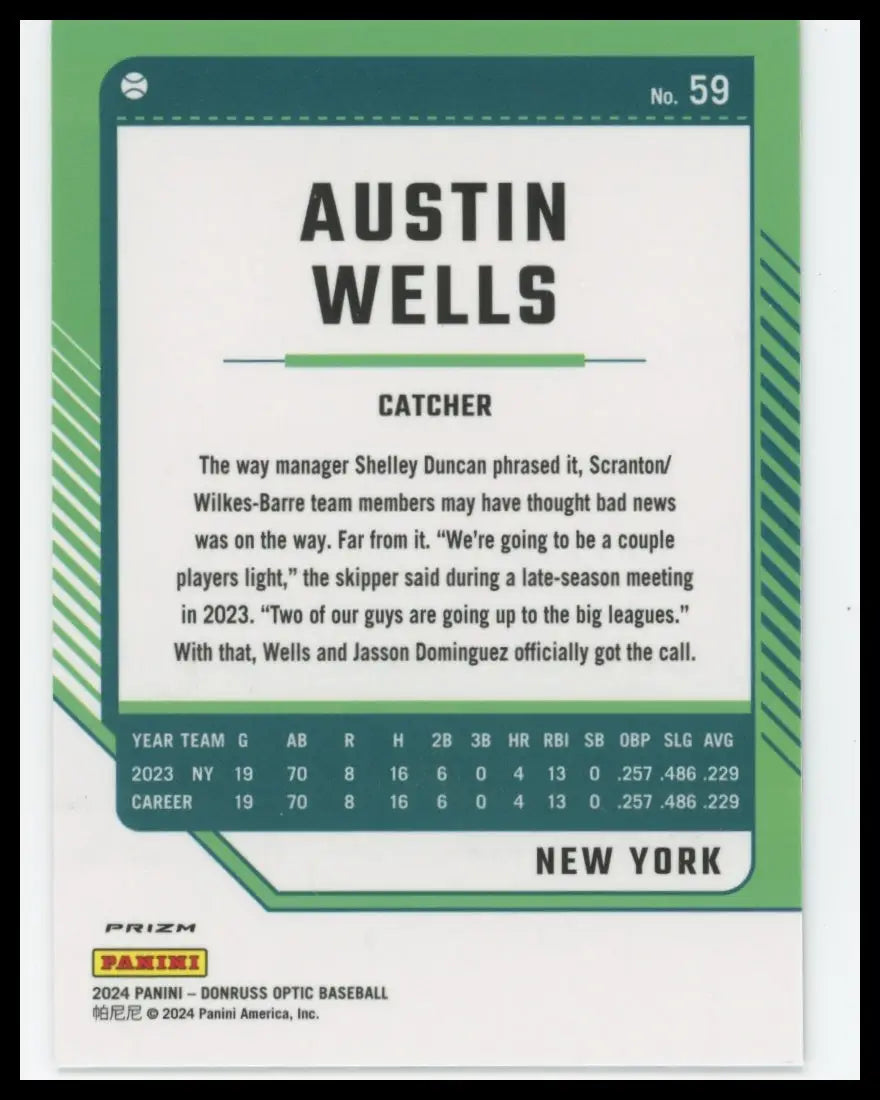 2024 Donruss - Optic Holo Prizms Austin Wells 59 New York Yankees NM - Baseball Card Single