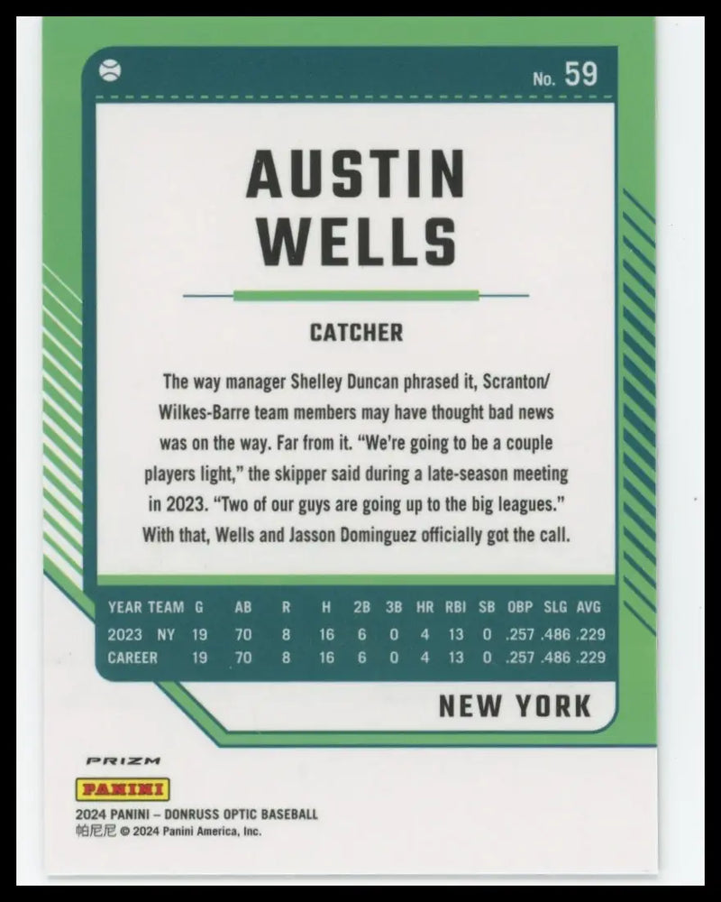 2024 Donruss - Optic Holo Prizms Austin Wells 59 New York Yankees NM - Baseball Card Single