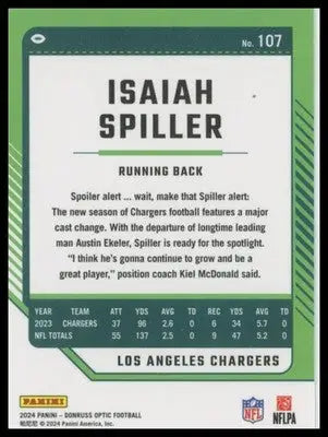 2024 Donruss Optic Isaiah Spiller 107 Los Angeles Chargers