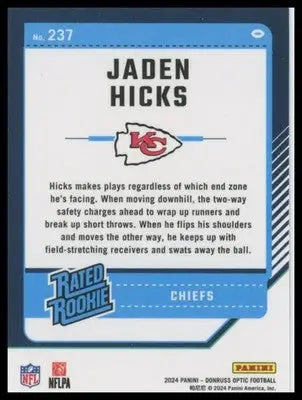 2024 Donruss Optic Jaden Hicks RC 237 Kansas City Chiefs