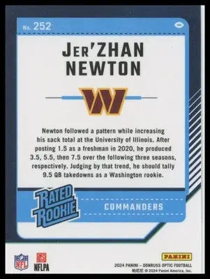2024 Donruss Optic Jer’Zhan Newton RC 252 Washington Commanders