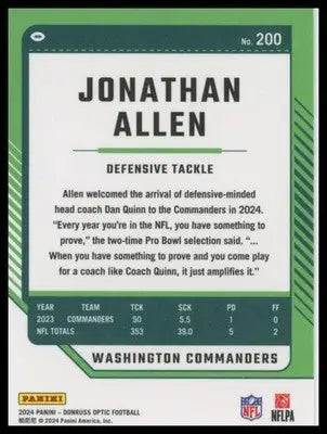 2024 Donruss Optic Jonathan Allen 200 Washington Commanders