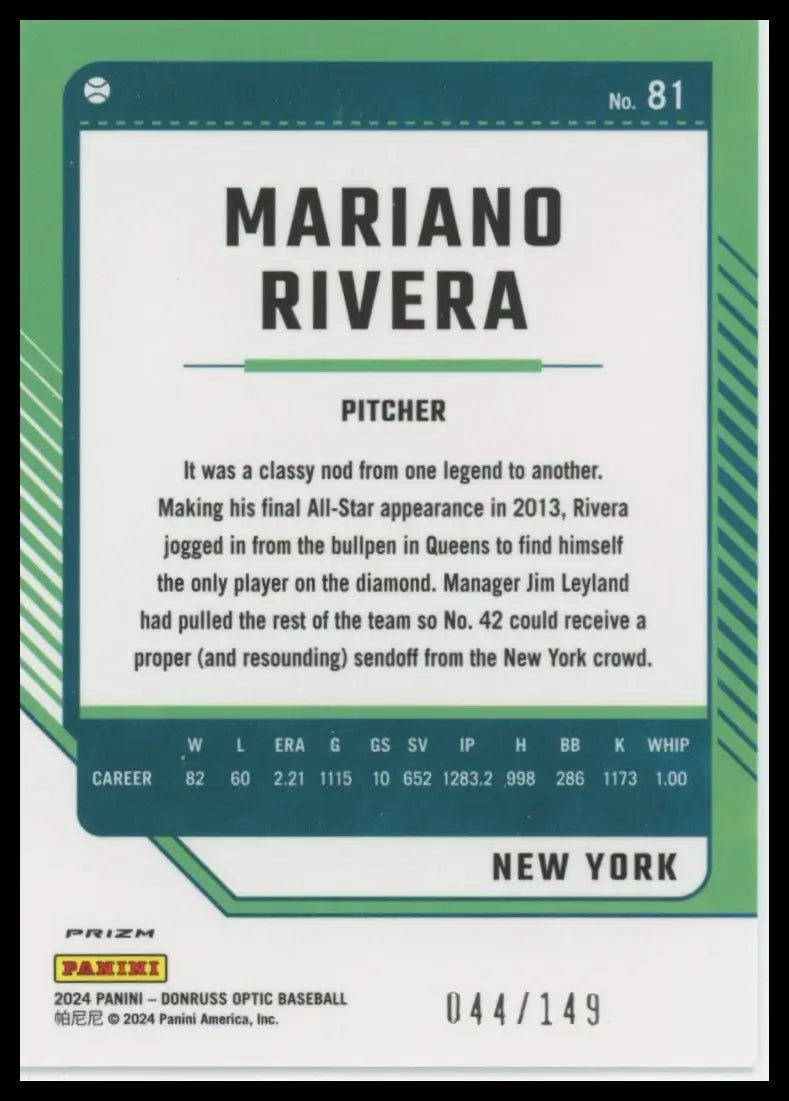 2024 Donruss Optic Lime Green Prizms Mariano Rivera 81 /149 New York Yankees NM - Baseball Card Single