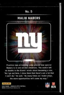 2024 Donruss Optic Malik Nabers #5 Light It Up New York Giants - Football Card Single