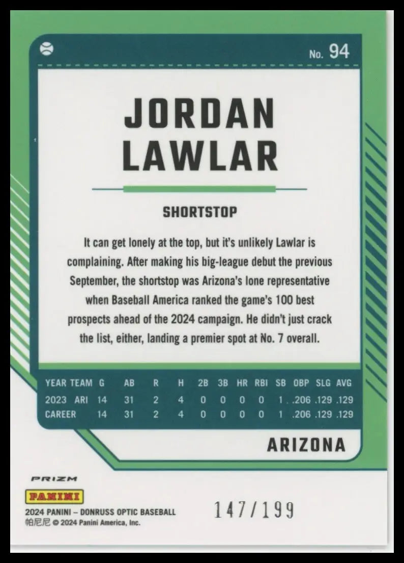 2024 Donruss - Optic Orange Prizms Jordan Lawlar 94 /199 Arizona Diamondbacks NM - Baseball Card Single
