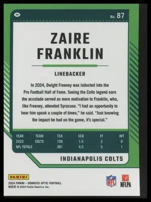 2024 Donruss Optic Zaire Franklin 87 Indianapolis Colts