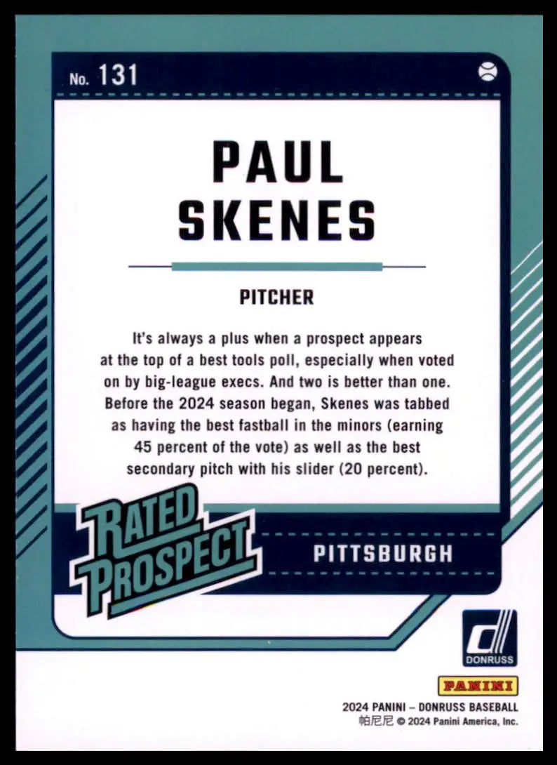 2024 Donruss Paul Skenes 131 Pittsburgh Pirates NM - Baseball Card Single