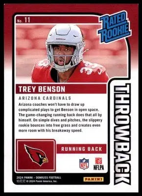 2024 Donruss - Rated Rookies Throwback Trey Benson 11 Arizona Cardinals - Football Card Single