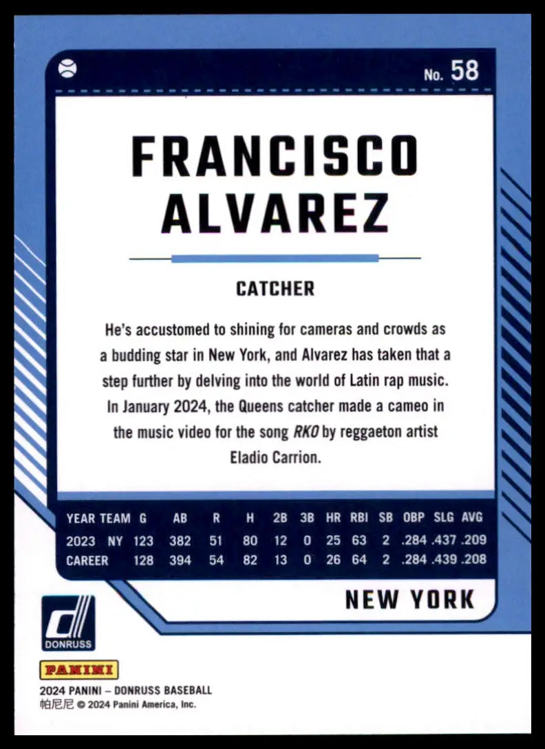 2024 Donruss - Red and Blue Francisco Alvarez 58 New York Mets Baseball NM - Baseball Card Single