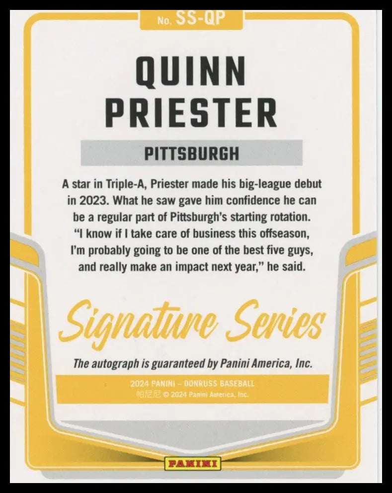 2024 Donruss - Signature Series Red /99 Quinn Priester SS-QP Auto Pirates NM - Baseball Card Single