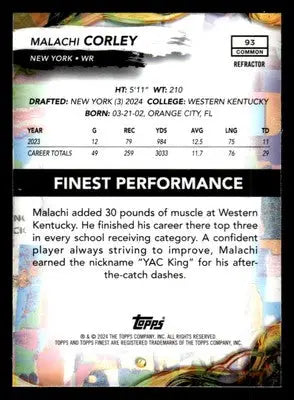 2024 Finest #93 Malachi Corley Refractor - Football Card Single