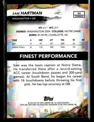 2024 Finest Sam Hartman #68 RC Washington Commanders