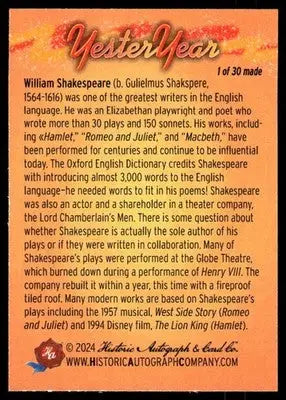 2024 Historic Autograph Company YesterYear William Shakespeare 1 of 30 #16 - Other