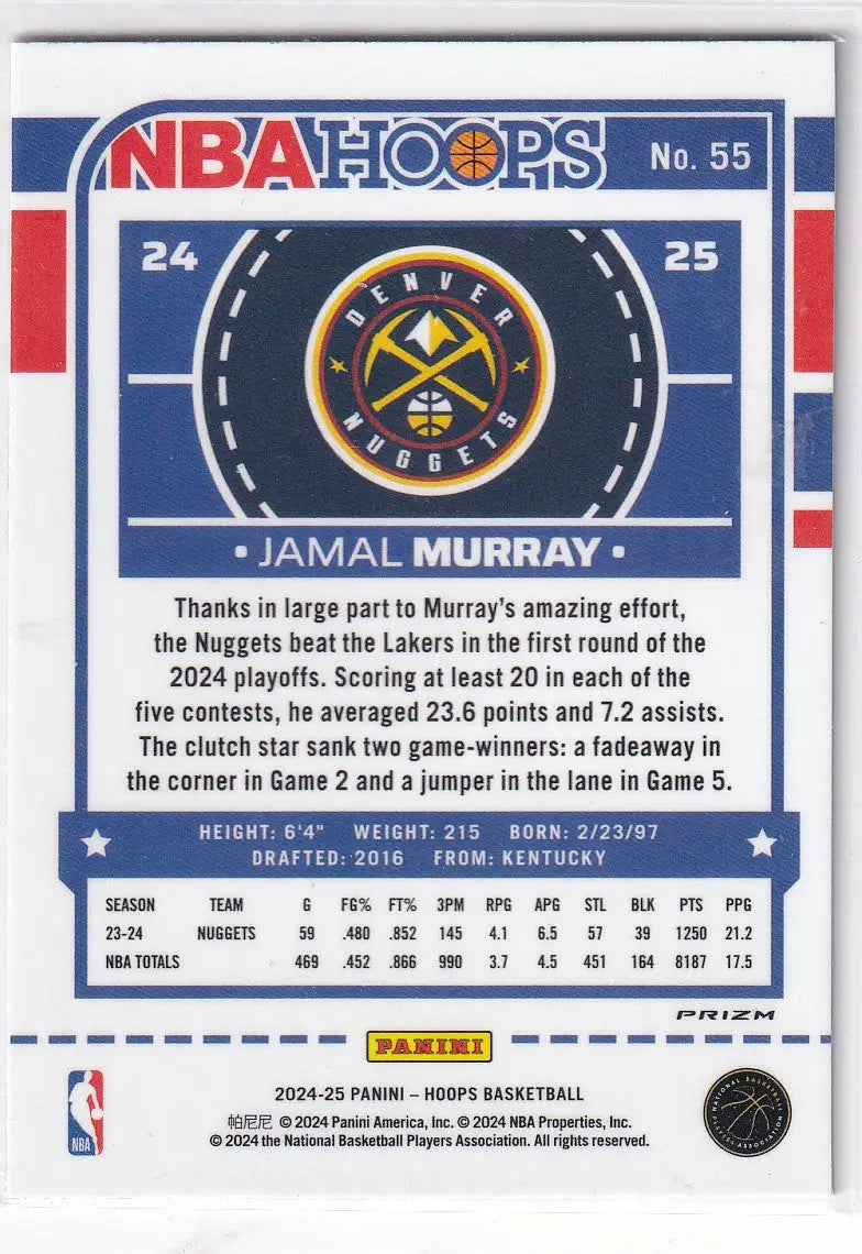 2024 HOOPS #55 JAMAL MURRAY SILVER- DENVER NUGGETS - Basketball Card Single