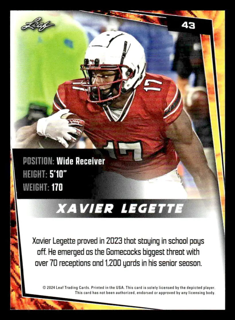 2024 Leaf #43 Xavier Legette South Carolina Gamecocks - Football Card Single