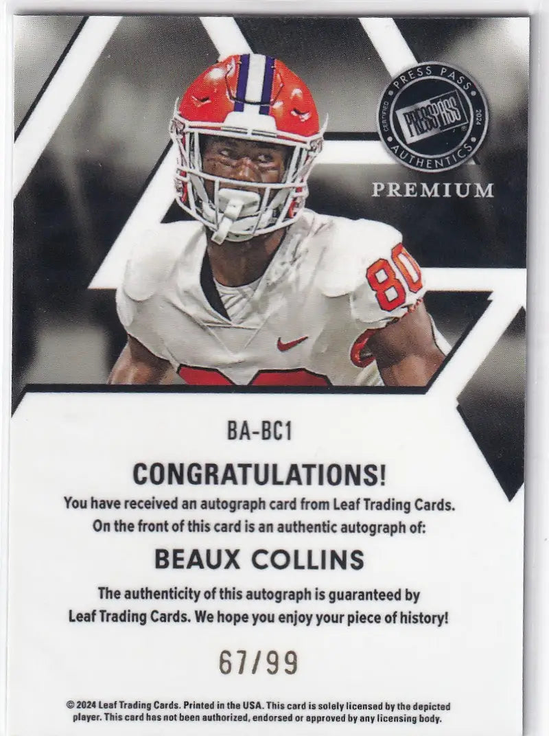 2024 LEAF #BA-BC1 BEAUX COLLINS AUTO 67/99- CLEMSON