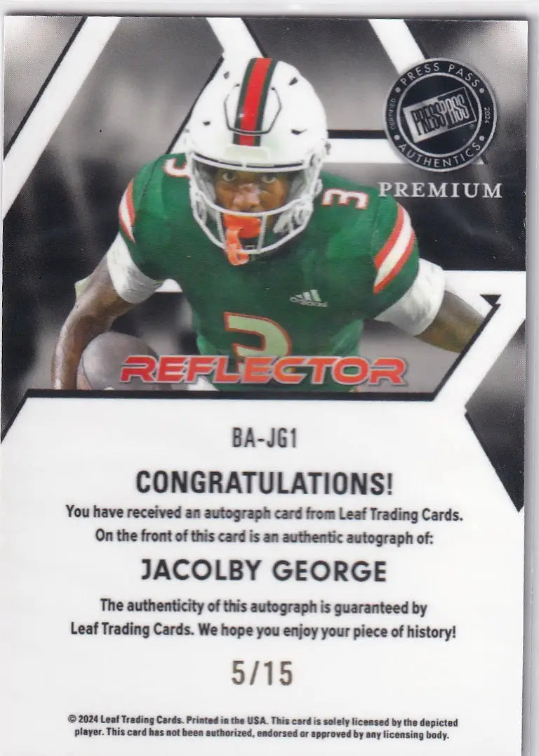 2024 LEAF #BA-JG1 JACOLBY GEORGE REFLECTOR AUTO 5/15- MIAMI HURRICANS