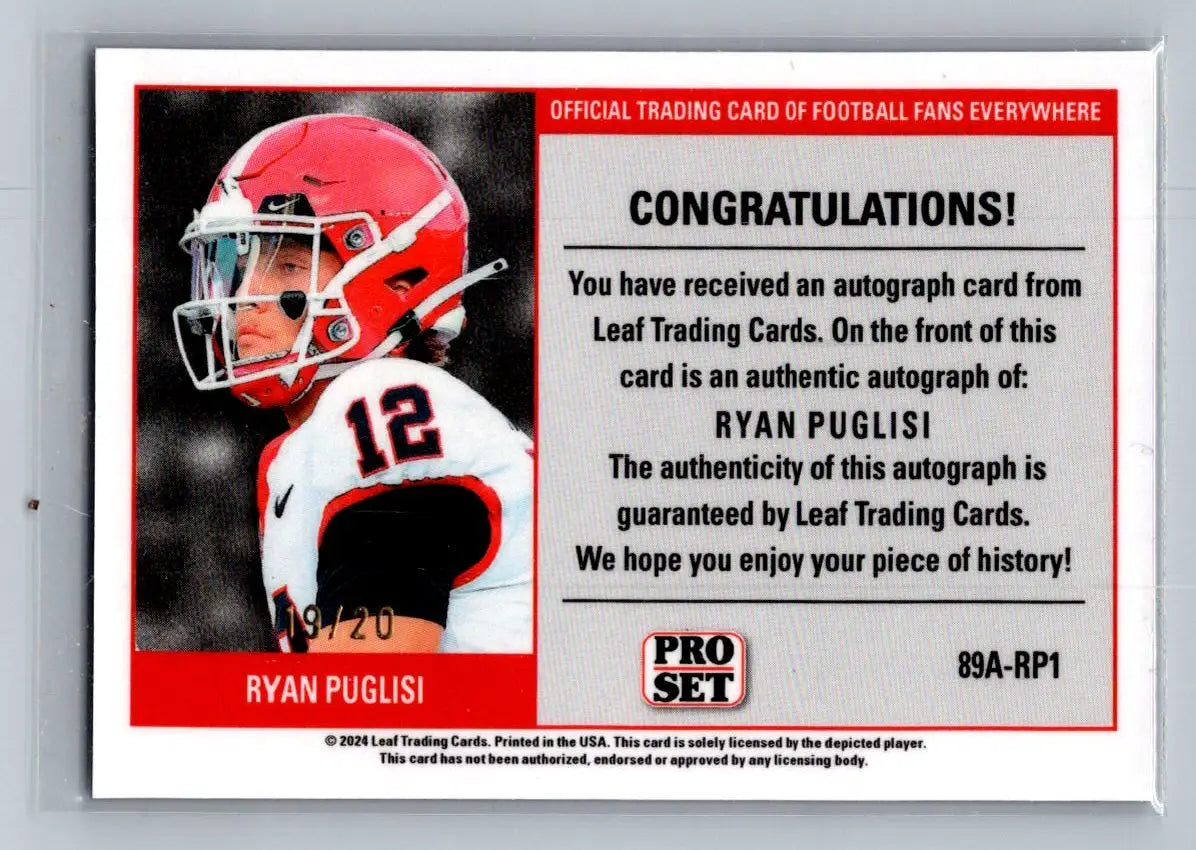 2024 Leaf Collective 1989 Pro Set Auto Shim Light Blue #89A-RP1 Ryan Puglisi /20 - Football Card Single