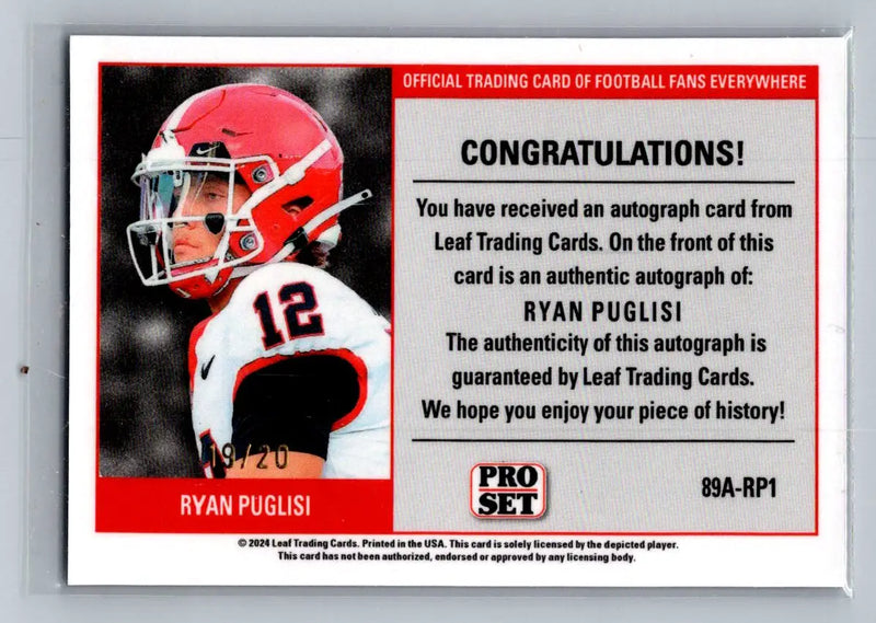 2024 Leaf Collective 1989 Pro Set Auto Shim Light Blue #89A-RP1 Ryan Puglisi /20 - Football Card Single