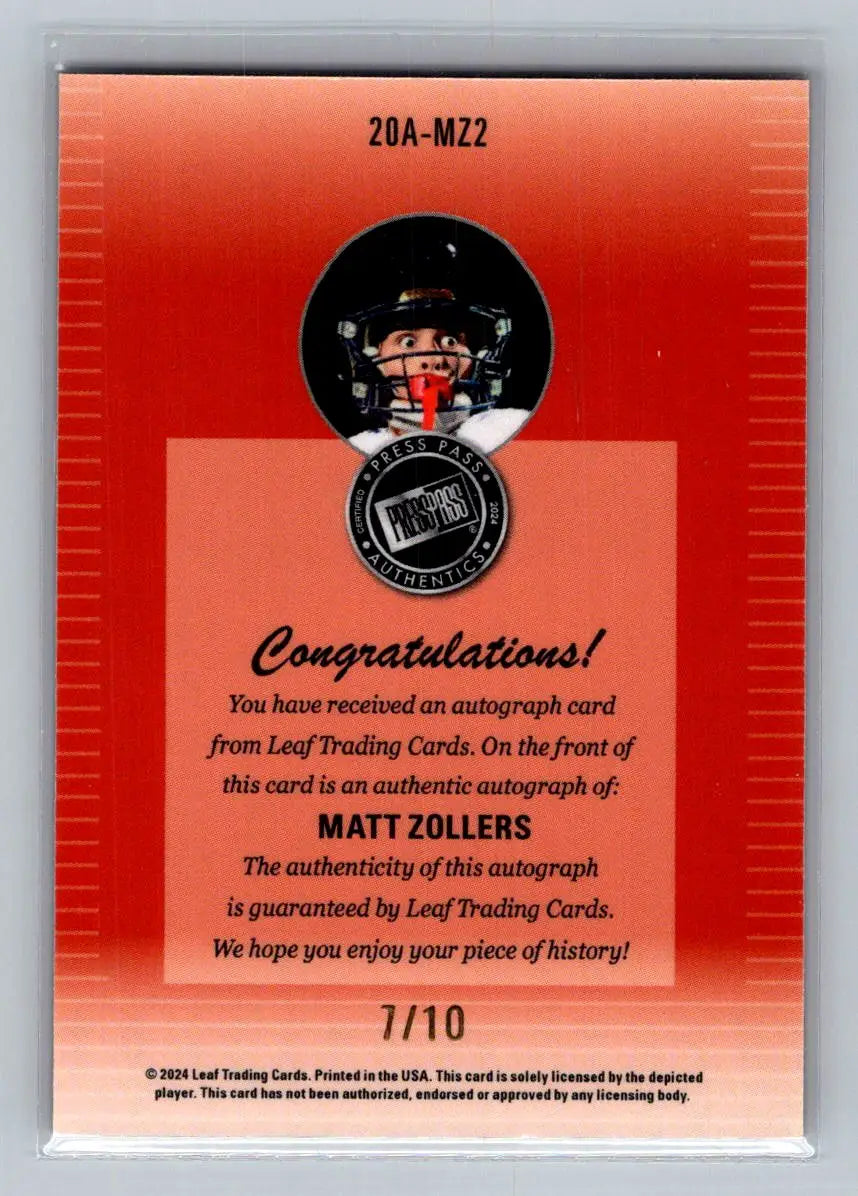 2024 Leaf Collective Press Pass Auto Shimmer Orange #20A-MZ2 Matt Zollers #/10 - Football Card Single