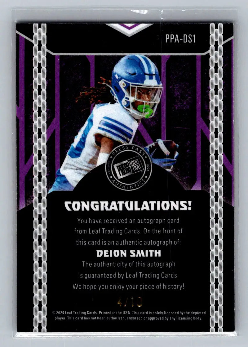 2024 Leaf Collective - Press Pass Auto Shimmer Orange #PPA-DS1 Deion Smith #/10 - Football Card Single