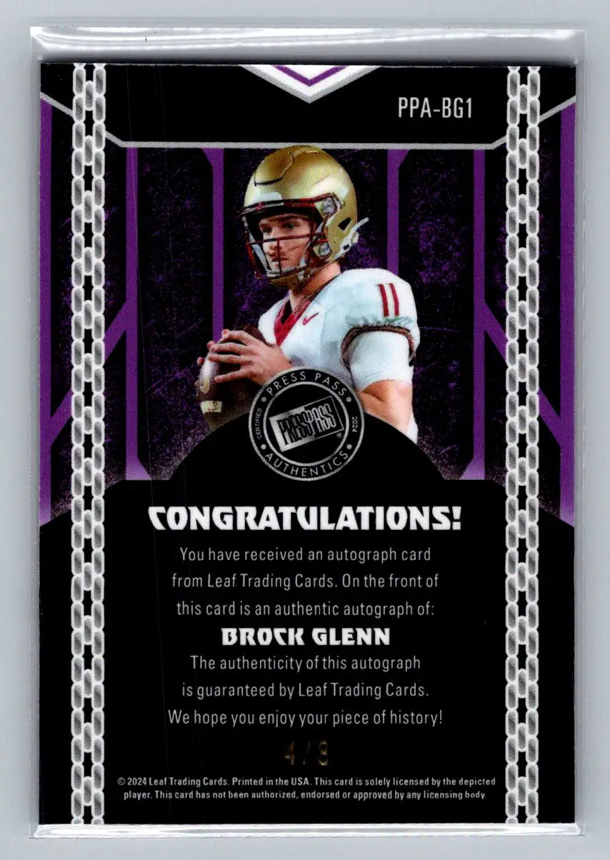 2024 Leaf Collective - Press Pass Autog Shimmer Purple #PPA-BG1 Brock Glenn #/8 - Football Card Single