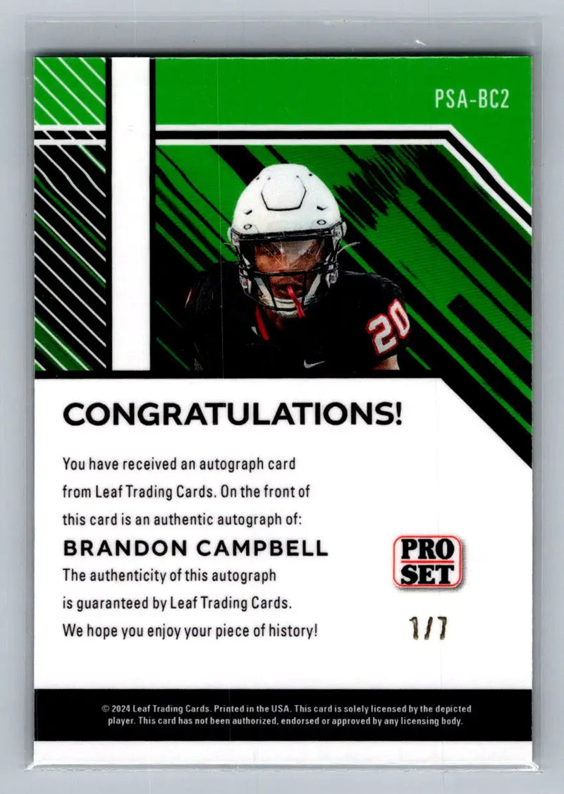 2024 Leaf Collective - Pro Set Auto Shimmer Green #PSA-BC2 Brandon Campbell #/7 - Football Card Single