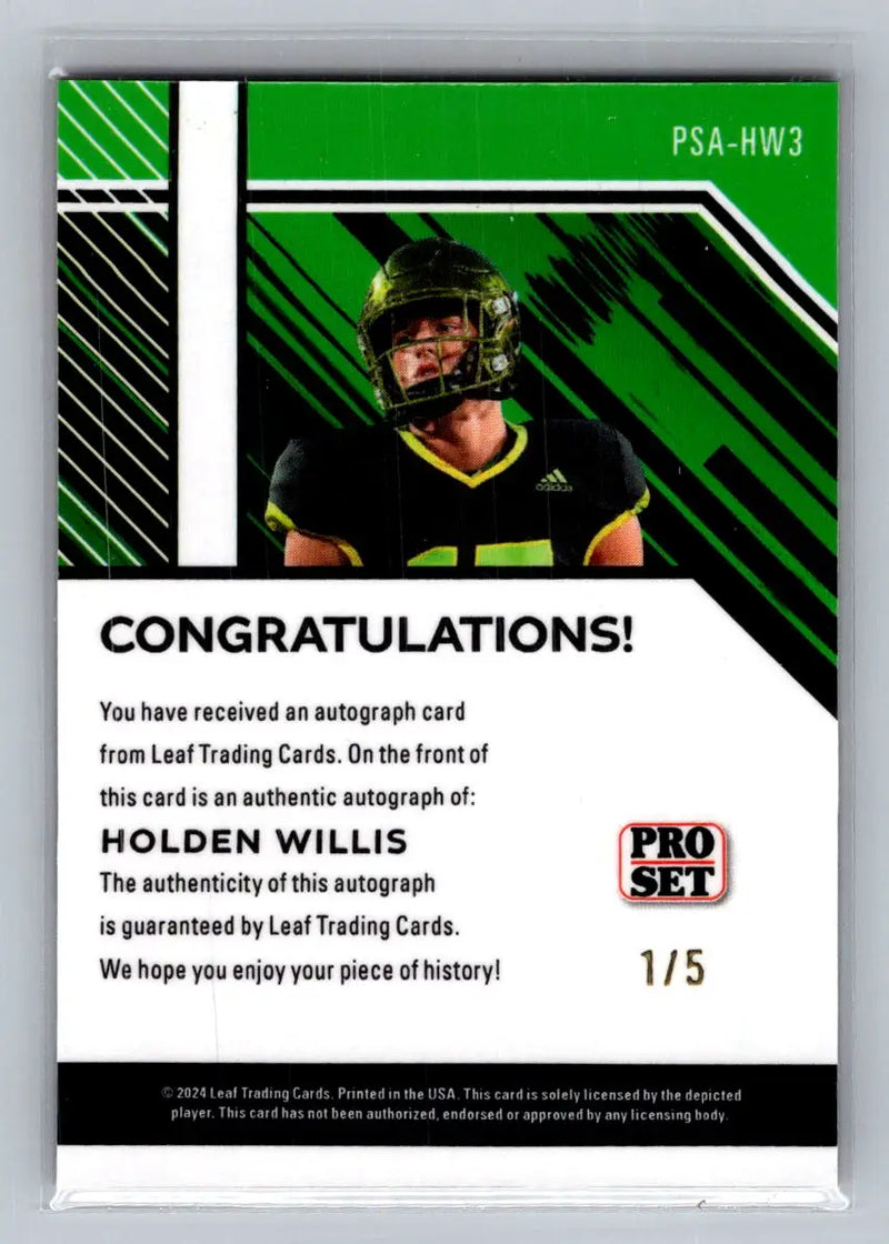 2024 Leaf Collective - Pro Set Auto Shimmer Red #PSA-HW3 Holden Willis #/5 - Football Card Single