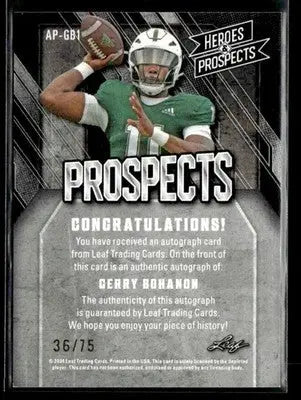 2024 Leaf Heroes & Prospects #AP-GB1 Gerry Bohanon Prospects Autos Silver #/75 - Football Card Single