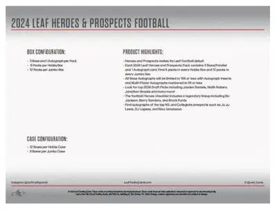 Promotional sheet for 2024 Leaf Heroes & Prospects Football trading cards hobby box