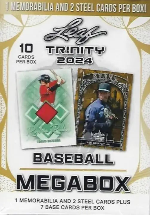 Box of 2024 Leaf Trinity Baseball Megabox trading cards featuring memorabilia and steel inserts