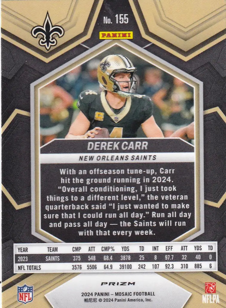 2024 MOSAIC #155 DEREK CARR BLUE REACTIVE- NEW ORLEANS SAINTS