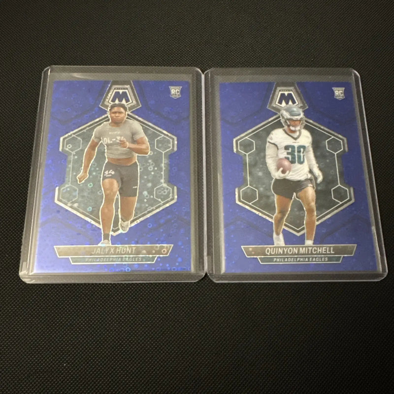 Two football trading cards featuring 2024 Mosaic Eagles Rookie Blue Disco Lot /75