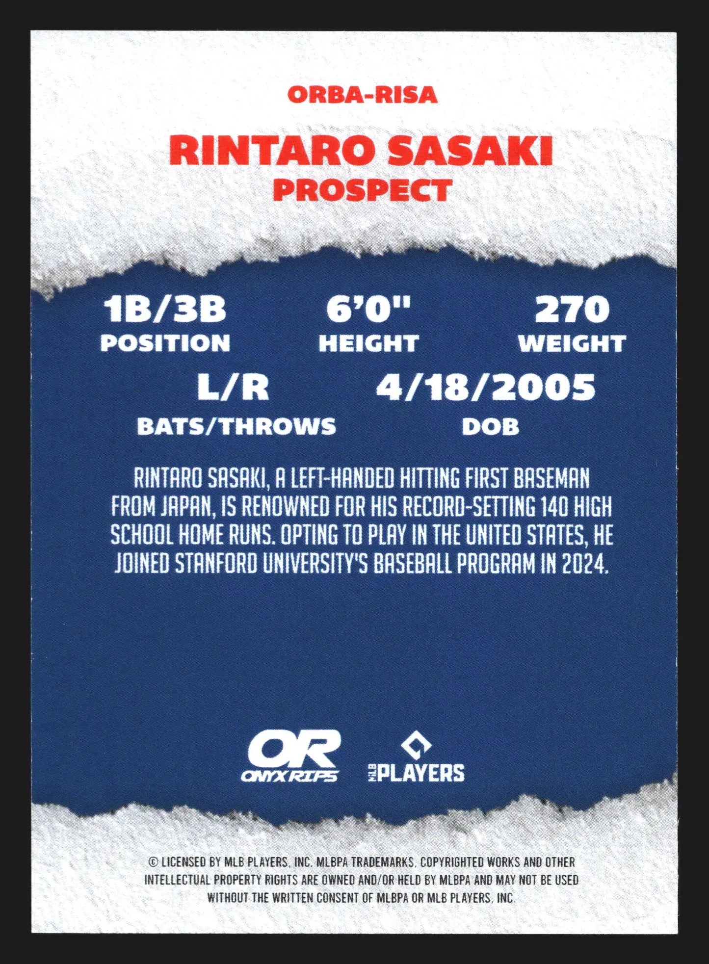 2024 Onyx Rips #ORBA-RISA Rintaro Sasaki Stanford - Baseball Card Single