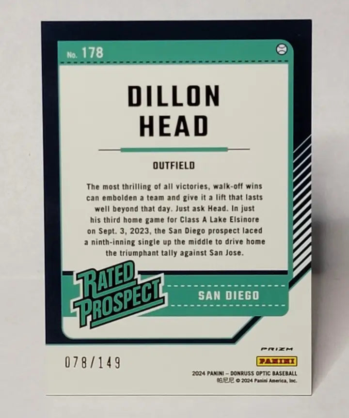2024 - Optic Rated Prospects #178 Dillon Head (RC) Green Prizm /149 - Baseball Card Single