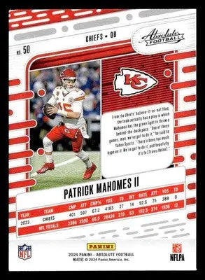 Patrick Mahomes II football trading card from Panini Absolute 2024 Mahomes II Retail
