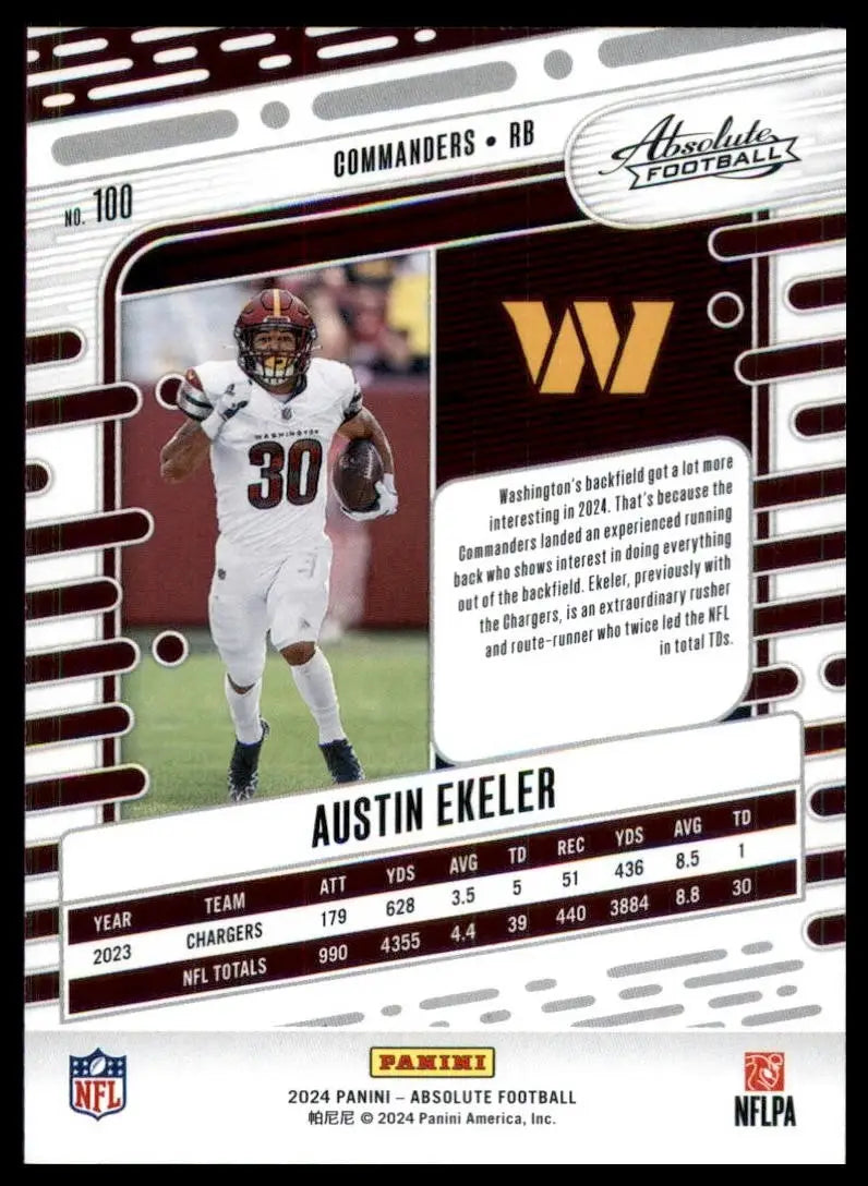 2024 Panini Absolute Austin Ekeler #100 Washington Commanders Football Card NFL - Football Card Single