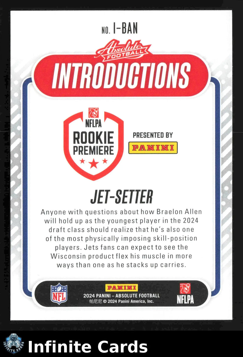 2024 Panini Absolute BRAELON ALLEN #I-BAN Introductions New York Jets RC - Football Card Single