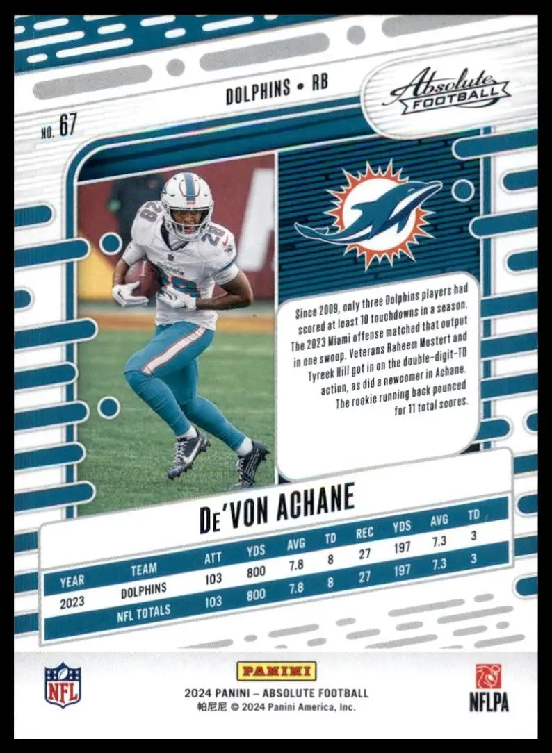 2024 Panini Absolute DeVon Achane #67 Miami Dolphins Football Card NFL Sports - Football Card Single