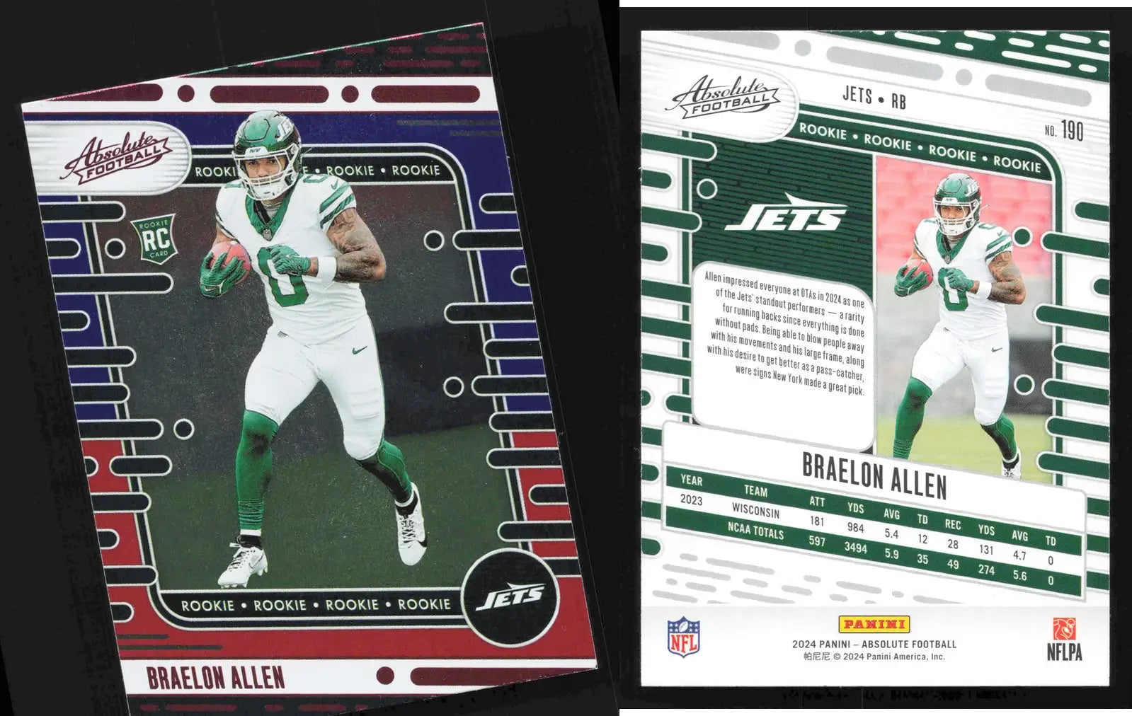 2024 Panini Absolute Football BRAELON ALLEN #190 Red Blue New York Jets RC - Football Card Single
