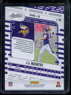 2024 Panini Absolute Football J.J. McCarthy #110 RC Football - Football Card Single