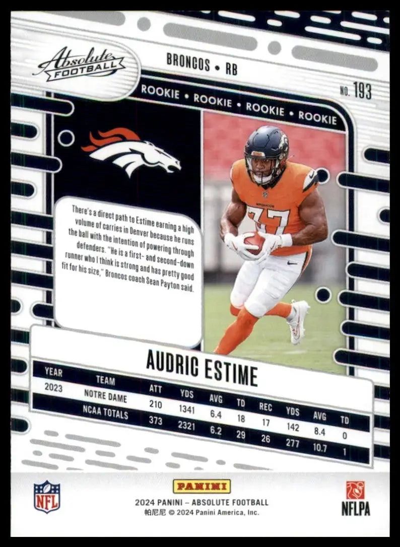 2024 Panini Absolute Green Rookie Audric Estime #193 Denver Broncos Football NFL - Football Card Single