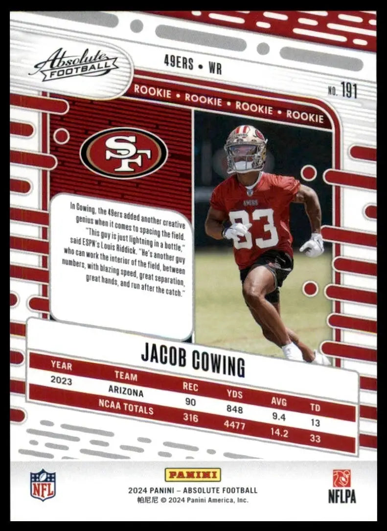 2024 Panini Absolute Jacob Cowing Rookie #191 San Francisco 49ers Football Card