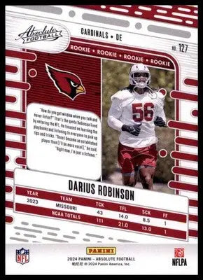 2024 Panini Absolute - Retail Darius Robinson RC 127 Arizona Cardinals - Football Card Single